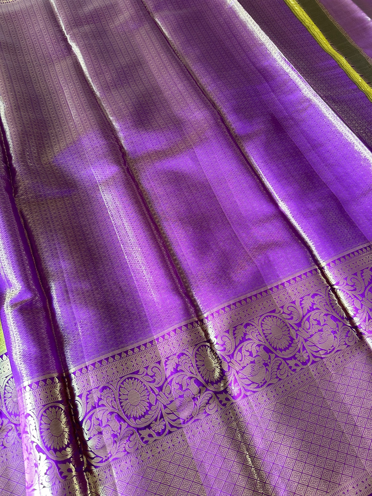 Lemon Yellow & Violet Kanjivaram Pure Silk Saree