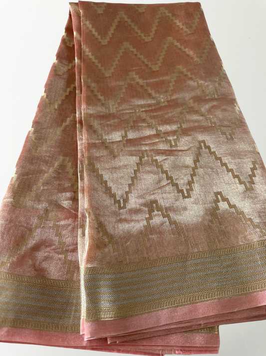 Rose Gold Zari Woven Banarasi Organza Silk Saree