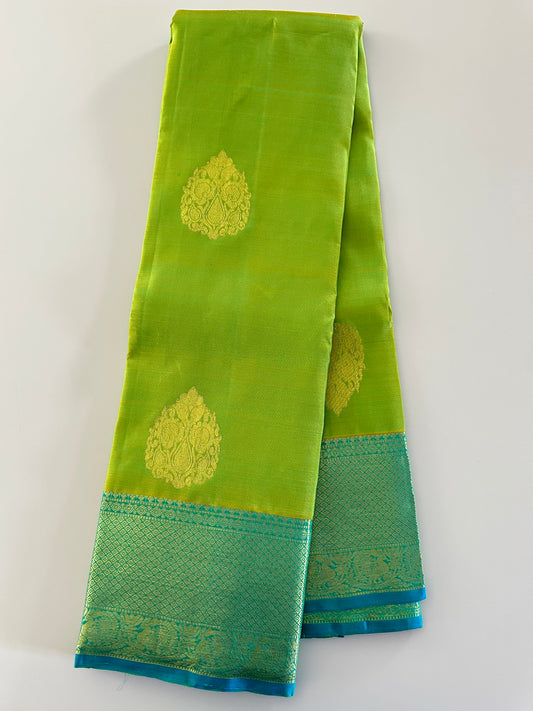 Lime Green & Cyan Kanjivaram Pure Silk Saree