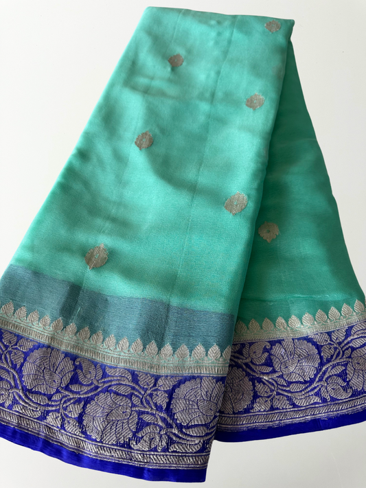 Sea Green & Indigo Banarasi Chiffon Silk Saree