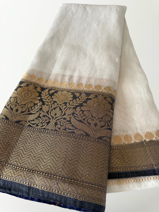 White & Charcoal Navy Banarasi Linen Saree