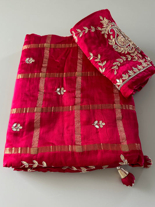 Dark Pink Stone Embroidered Silk Designer Saree