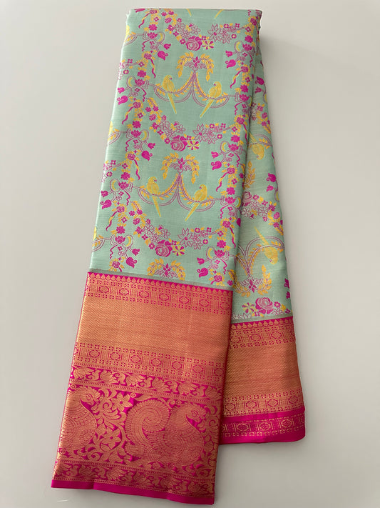 Aqua & Hot Pink Kanjivaram Pure Tissue Silk Saree