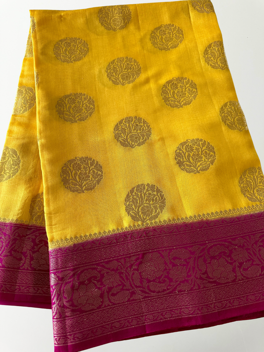 Yellow & Pink Zari Woven Banarasi Chanderi Silk Saree