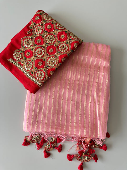 Baby Pink Zari Woven Organza Designer Saree