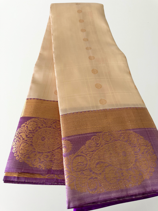 Cream & Purple Kanjivaram Pure Silk Saree