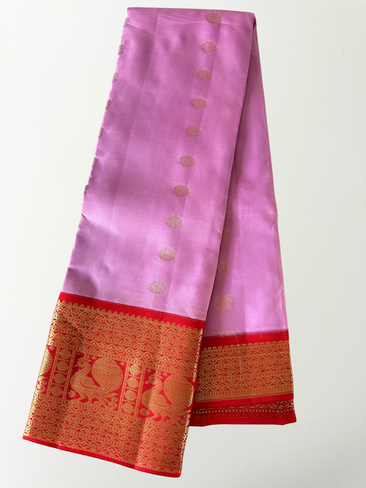 Lilac & Red Kanjivaram Pure Silk Korvai Saree