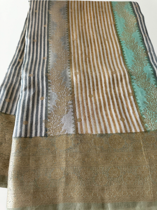 Mustard & Grey Striped Zari Woven Banarasi Tussar Silk Saree