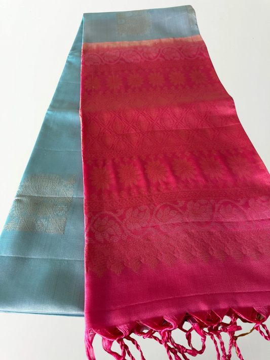 Baby Blue & Pink Kanjivaram Pure Soft Silk Saree