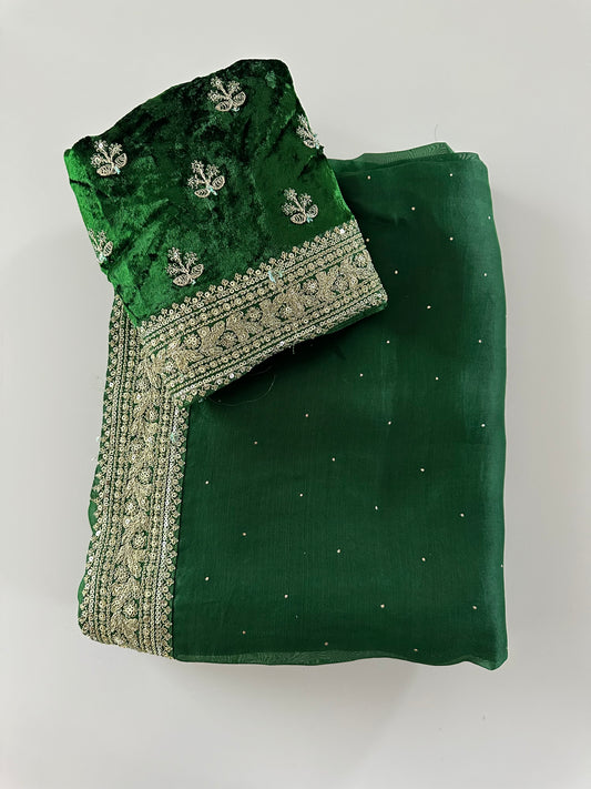 Green Badla Embroidered Organza Designer Saree