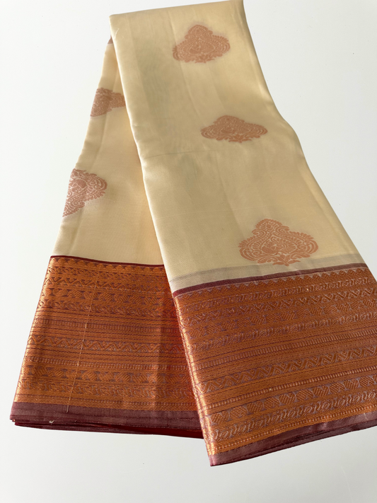 Cream & Maroon Kanjivaram Pure Silk Saree